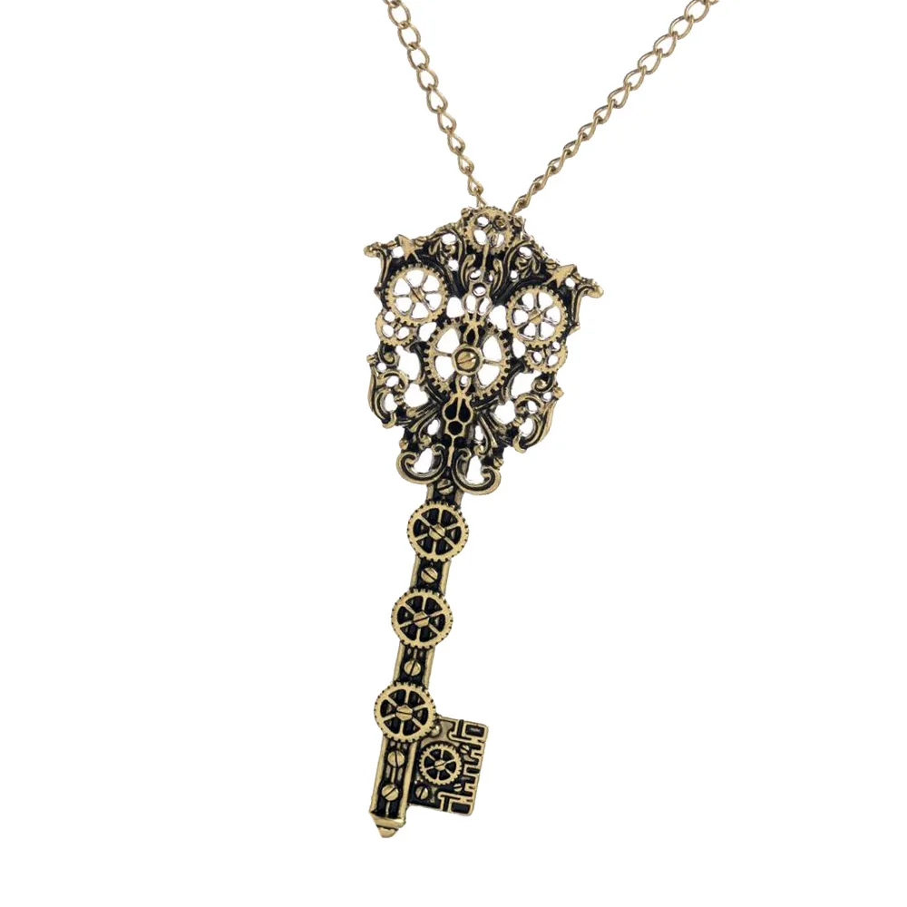 2pcs Vintage Filigree Skeleton Key Gear Cog Steampunk Chain Pendant Necklace