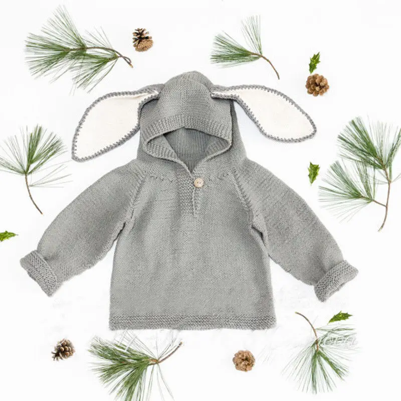 Милое детское зимнее пальто с кроликом; вязаные толстовки; трикотажные топы для малышей; толстовки с капюшоном для маленьких девочек и мальчиков - Цвет: Серый
