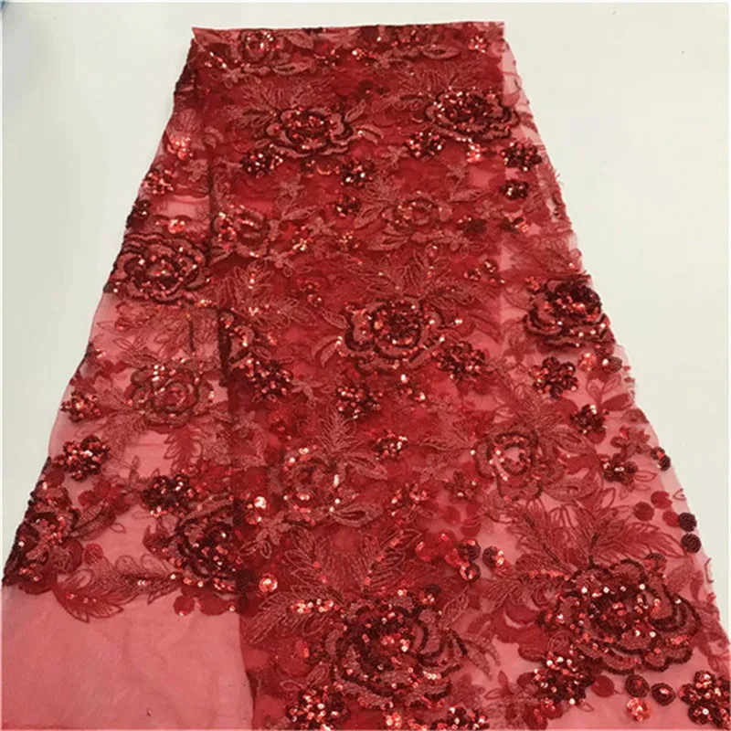 

African red Lace Fabric 2019 Embroidered Nigerian Guipure Lace High Quality sequins French Tulle Lace For Bridal Gold Wedding