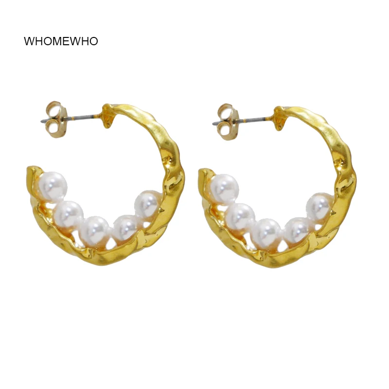 

Summer Beach Gold Hammered Metal Geometric Pearl Bead Pea Minimalist Minimalism Hoop Earrings Korean Fashion Women Party Jewelry