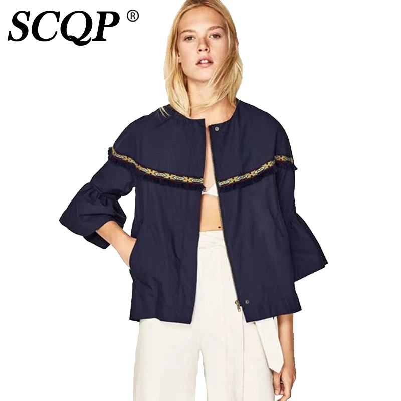 SCQP Tassel Embroidered Ruffles Womens Bomber Jacket Zipper Pockets