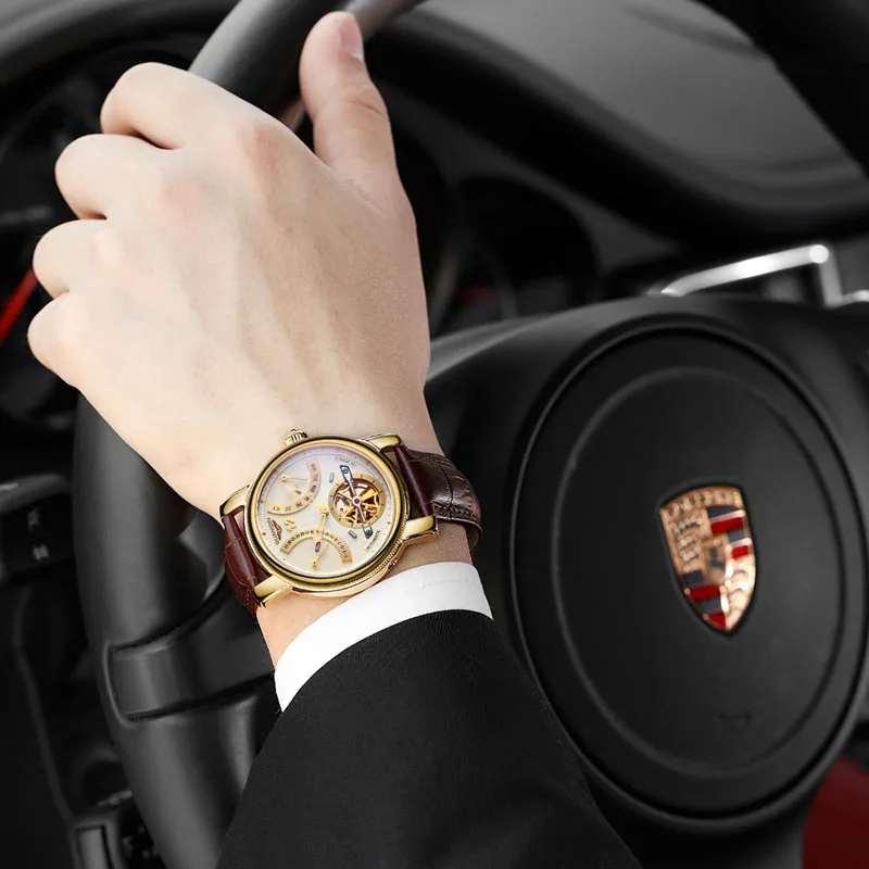 2016 العلامة التجارية الفاخرة GUANQIN التلقائي ساعات آلية الرجال للماء مضيئة ووتش التقويم جلدية الذهب ساعة اليد