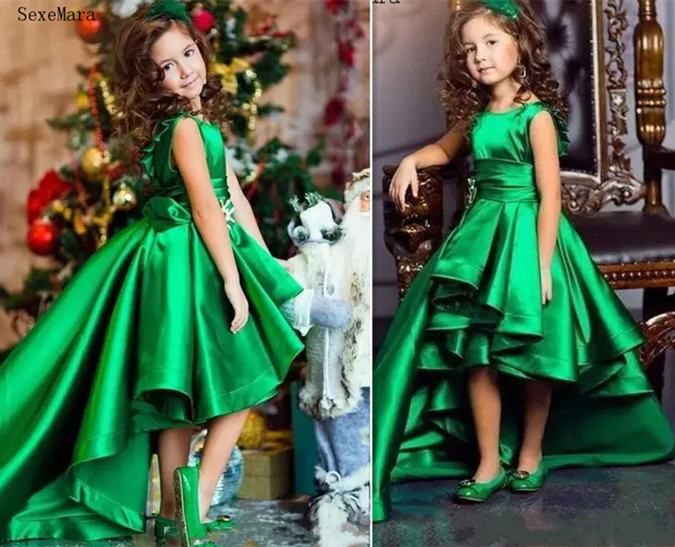 Green Girls Pageant Dresses High Low Kids Flower Girls Dress Little