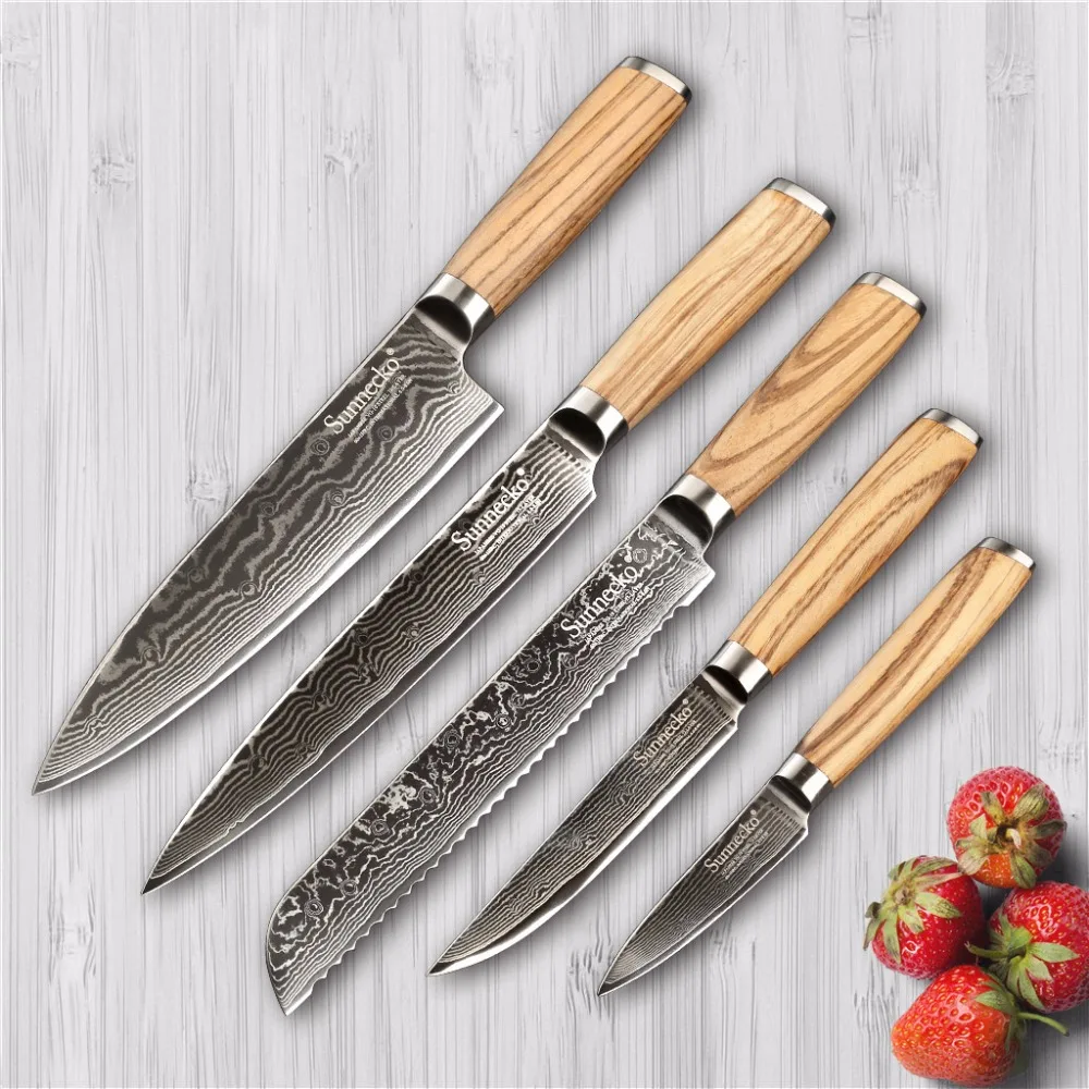 

SUNNECKO 5PCS Kitchen Knives Set Damascus Steel Chef Utility Bread Knife Japanese VG10 Core Original Wood Handle Meat Cutter