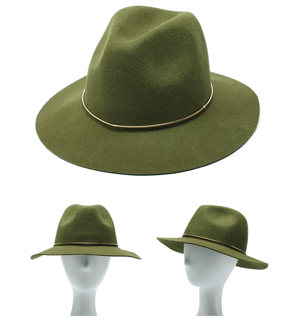 ROSELUOSI шерсть фетровая джазовая шляпа для женщин с дикими полями Панамы, федоры с металлическим украшением, Повседневная одноцветная женская шляпа