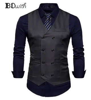 

New Arrival Grey Men's Sleeveless Slim Fit Suit Vest Double Breasted Eight Buttons Business Dating Wedding Dress Waistcoat