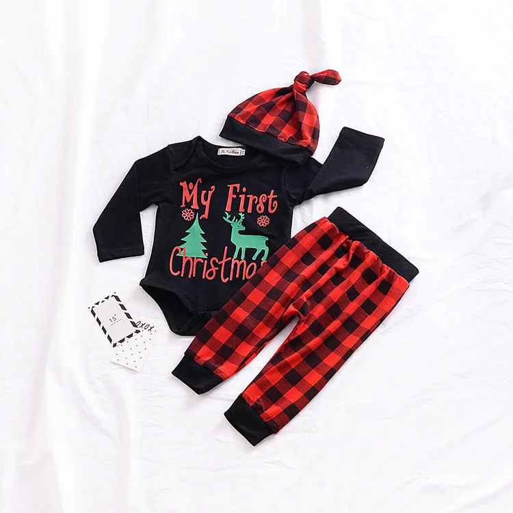 Одежда для маленьких мальчиков рождественские наряды для новорожденных девочек Белый боди красные, черные клетчатые штаны шапка, 3 предмета, осенняя одежда для маленьких девочек