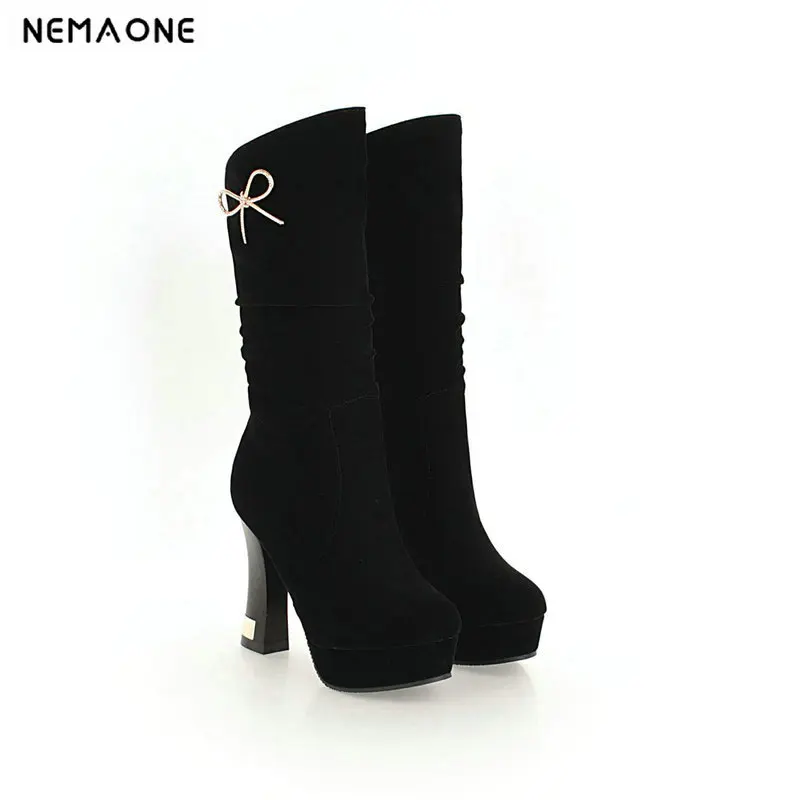 

NEMAONE Ladies shoes woman high heels platform boots sexy dress shoes woman 10cm heels women mid-calf boots black large size 43