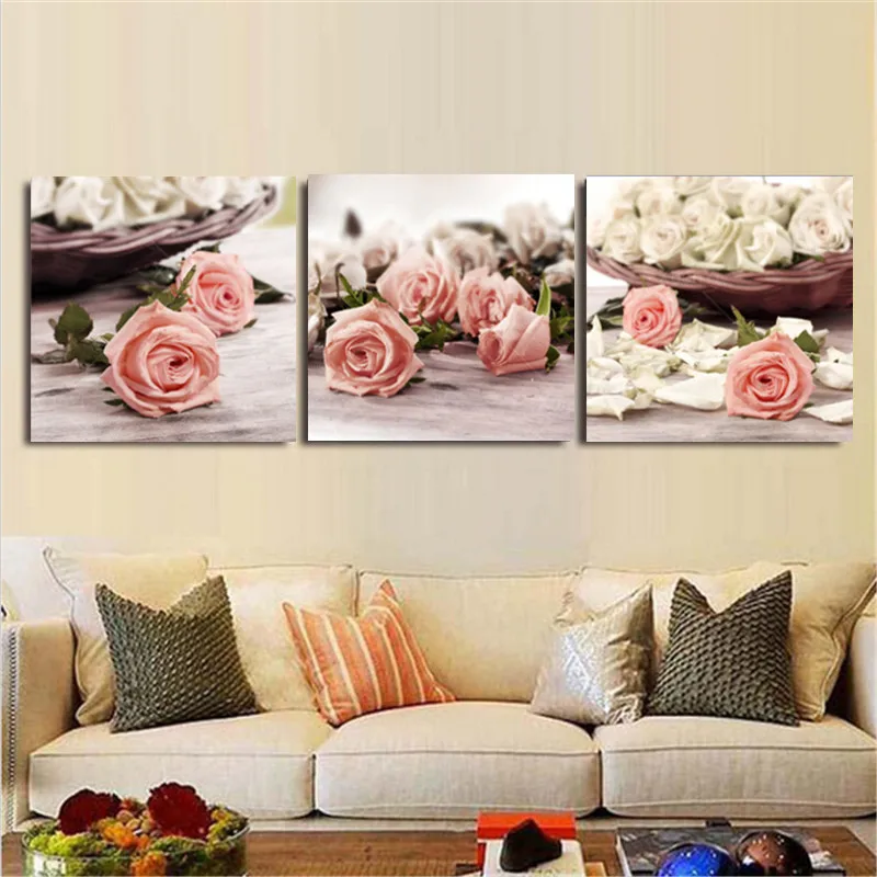 3 Piece Canvas Wall Art Pictures Modern Painting Rose Flowers Home Decorative Paint on Prints No Frame 40x40cm