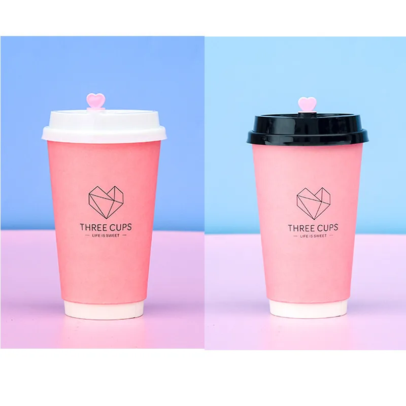 

50pcs High quality pink disposable coffee cup 16oz 500ml party birthday wedding favor drink paper cups with lid takeaway package