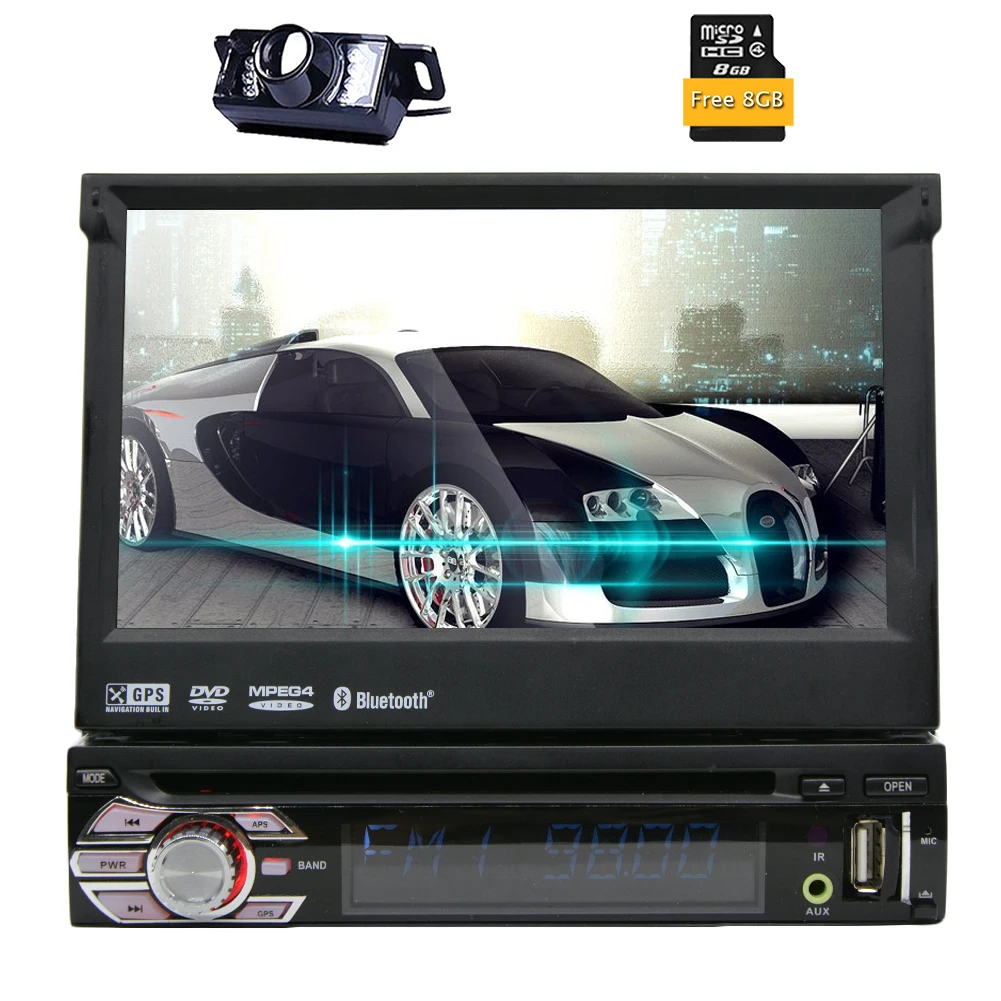 

7" Single 1 DIN Car CD DVD Player GPS Navigation Bluetooth HD Touch Stereo Radio Autoradio ipod USB SD Logo+Free Camera+8GB MAP