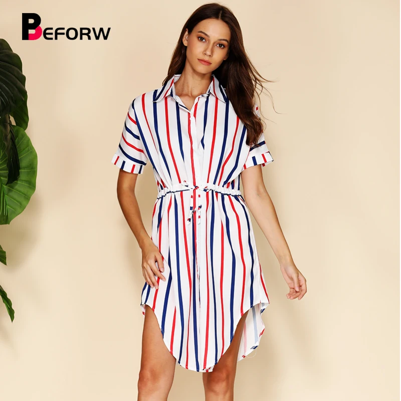 

BEFORW 2020 Women Striped Print Summer Shirt Dress Turn-Down Short Sleeve Elastic Waist Loose Dresses Female Streetwear Dress