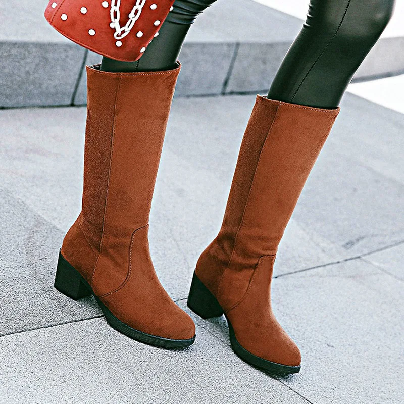 

European street style round head nubuck knee high boots fashion slip black yellow red high heel thick women's riding boots