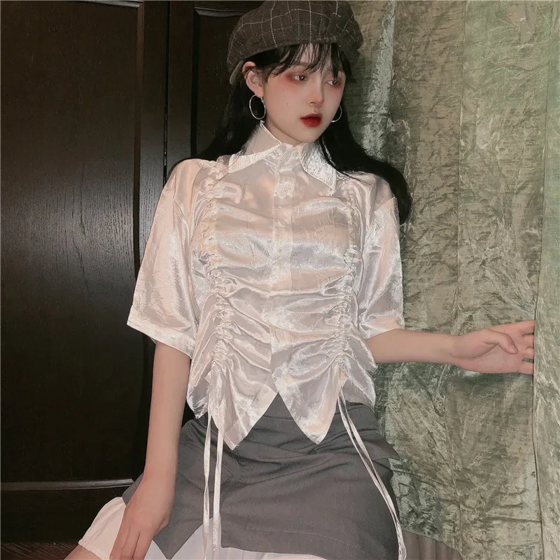 

2019 Summer Girl Vintage Button Rope Glossy Shine Hologram Grey White Short Sleeve Shirts With Skirts Fashion