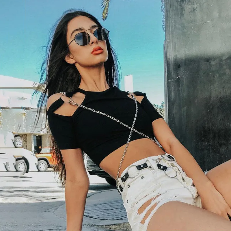 2019 Summer Black T-shirt Women New Fashion Tees Crop Tops Hollow Out Short Cross Chain T-shirts Vestido Robes Female | Женская одежда