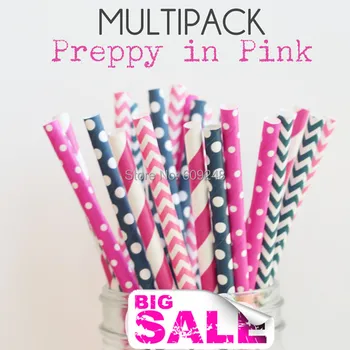 

125pcs Mixed Colors PREPPY IN PIN Cheapest Paper Straws, Deep Pink Striped,Deep Pink Blue Swiss Dot, Navy Chevron