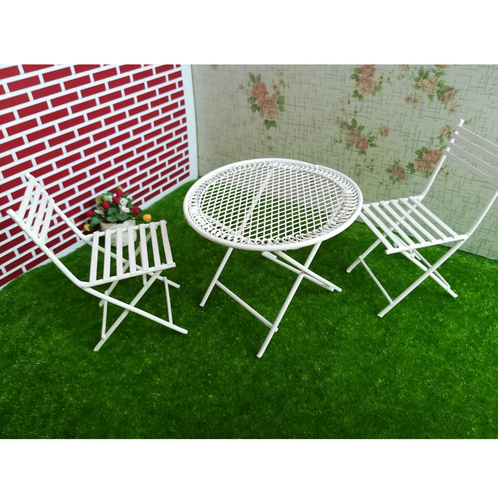 3pcs 1/12 Dolls House White Table Chairs Furniture Balcony Lounge Decoration