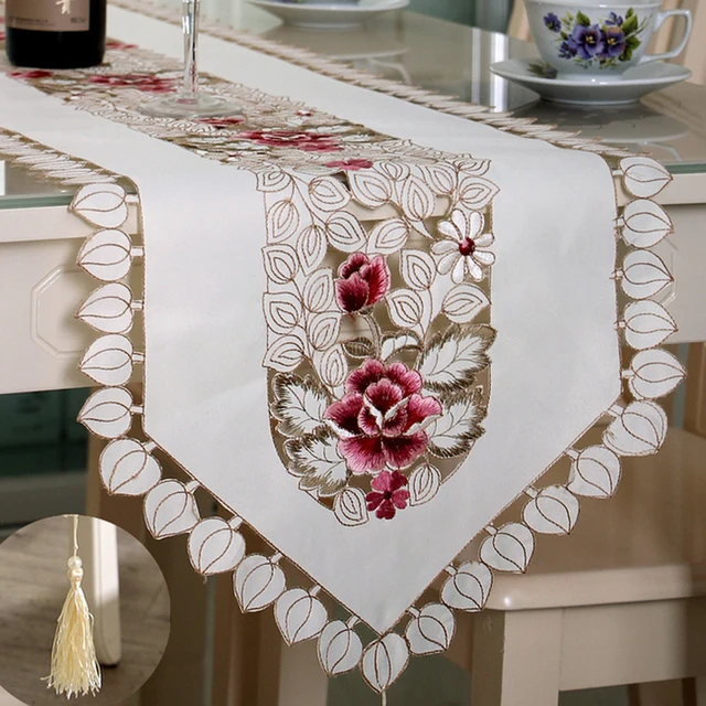 Helloyoung Vintage Embroidered Peony Satin Fabric Cutwork Wedding Helloyoung Vintage Embroidered Peony Satin Fabric Cutwork Wedding Banquet Table Runner Dresser Scarf 4 Size