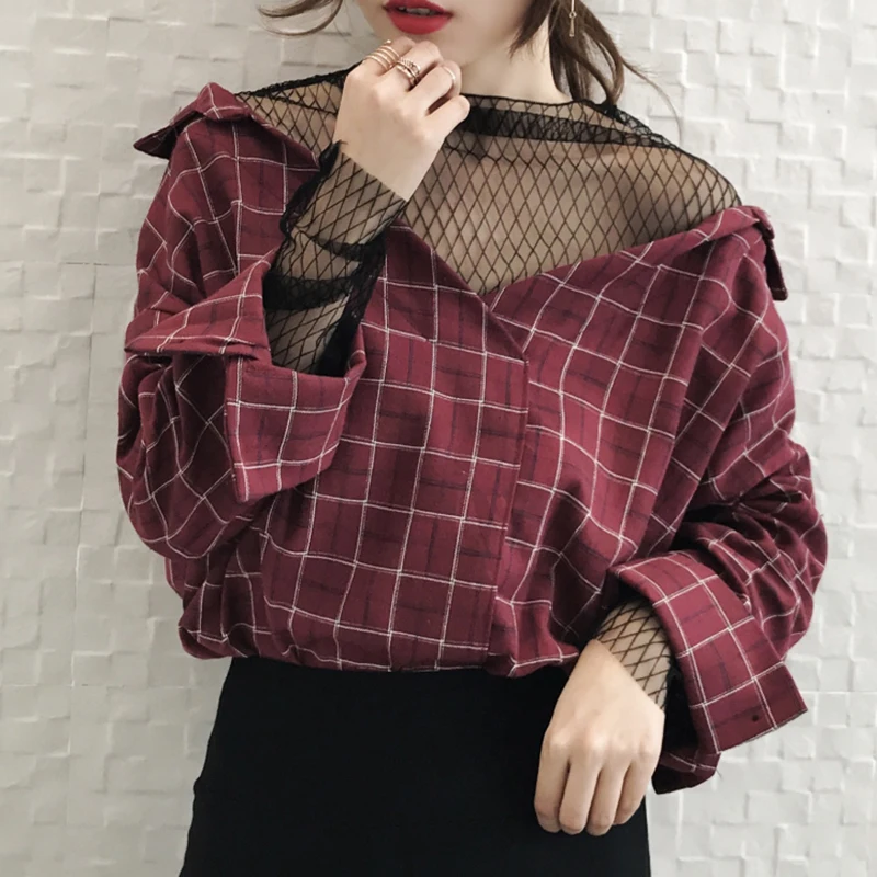 

Spring Fashion Preppy Style Women Shirts Mesh Patchwork Ladies Blouses V-Neck Casual Loose Fake Two-Piece Plaid Shirts Female