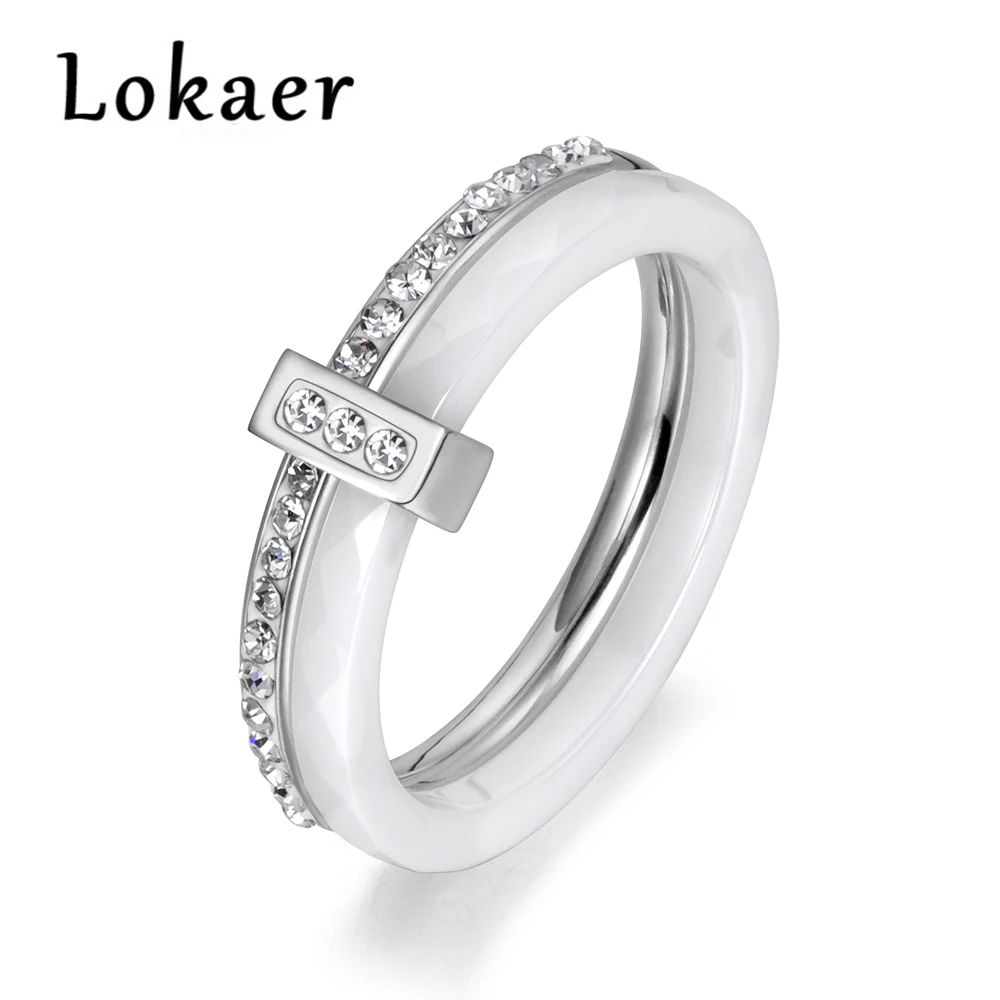 Lokaer 2 layers Black/White Ceramic Crystal Wedding Rings Jewelry Rose/White Gold Color Stainless Steel Rhinestone Engagement - Image 5