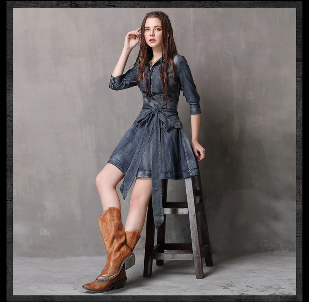 Vintage Summer Sashes Dress 2018 New Denim Three Quarter Sleeve  Dresses Turn-down Collar A-line Single Breasted Vestios (6)