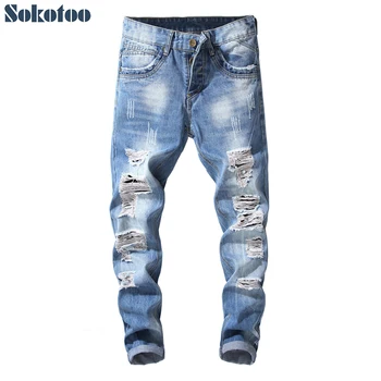 

Sokotoo Men's buttons fly holes distressed denim ripped jeans Plus size light blue slim straight pants