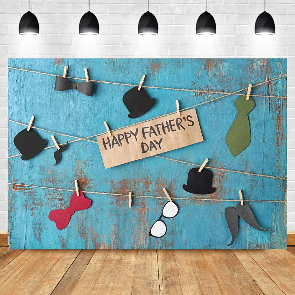 

NeoBack Happy Father's Day Photography Backdrops Blue Retro Wood Photo Background Men Beard Hat Tie Background Studio Photo