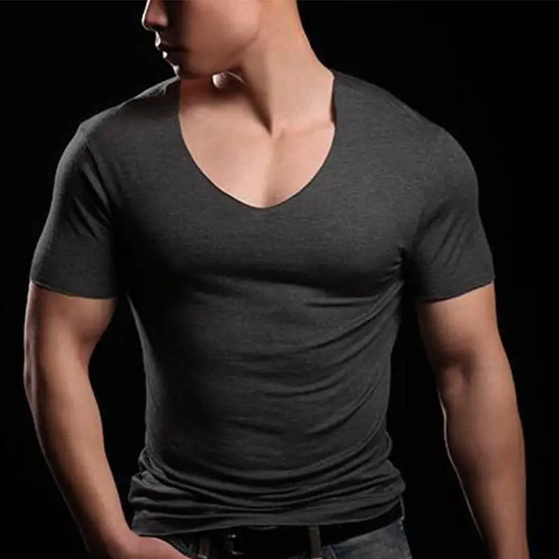 Модальное однотонное Нижнее белье Мужская одежда облегающие Короткие рукава расслабляющие дышащие трусы с v-образным вырезом плюс размер 6XL - Цвет: Dark Grey Undershirt