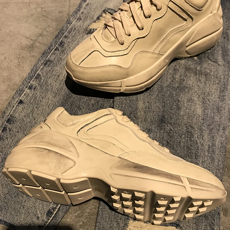 

19SS Distressed Leather Thick Bottom Casual Sport Shoes Round Toe Lace Up Court Sneakers Soft Flat Platform Running Woman Shoes