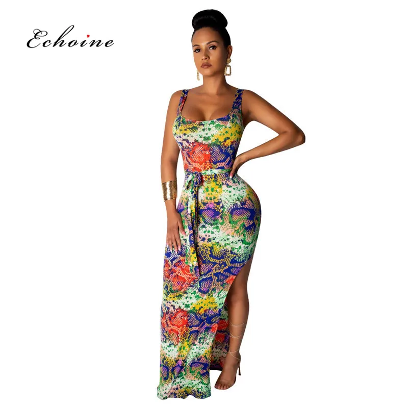 

Echoine Sexy Dress Women Square Collar Colorful Print Sashes Lace Up Long High Split Party Maxi Vestido Woman Clothes Streetwear