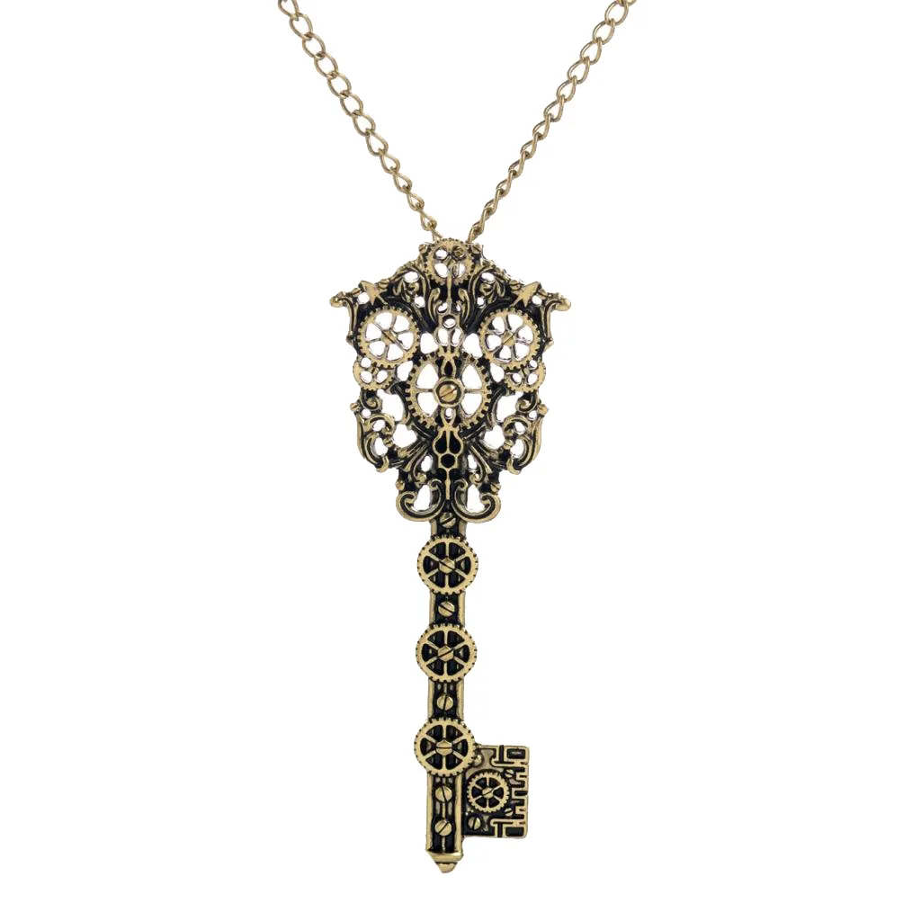 2pcs Vintage Filigree Skeleton Key Gear Cog Steampunk Chain Pendant Necklace