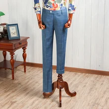 Pantalones de traje ajustados de estilo occidental grueso Vintage de moda azul para hombre Pantalones largos para vestido de boda trajes de hombre pantalón CBKZ032