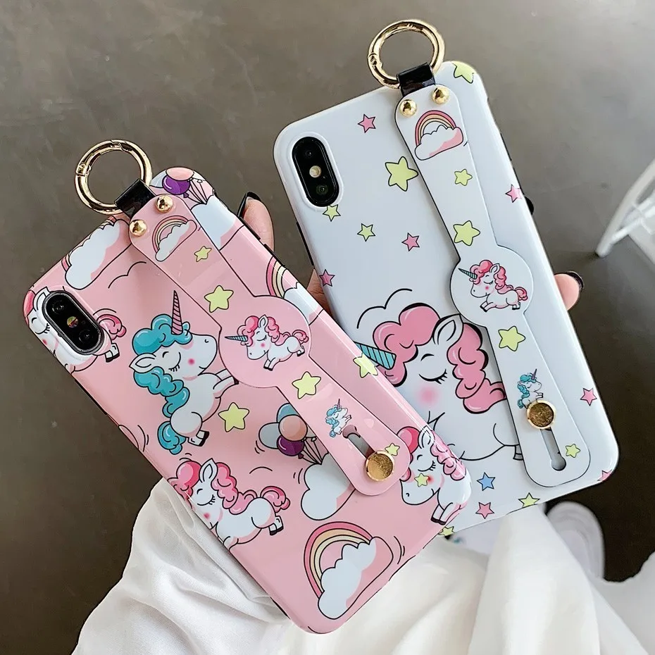 

Unicorn Phone Case for iPhone XS Max XR X Luxury Cute Cartoon Wrist Strap Silicone Cover for iPhone 8 7 6S 6 Plus Case Casing