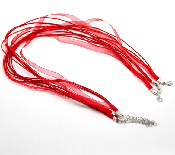 

Zinc Metal Alloy+Alloy+Organza Cord String Necklace Red 43cm(16 7/8") long, 2 PCs new