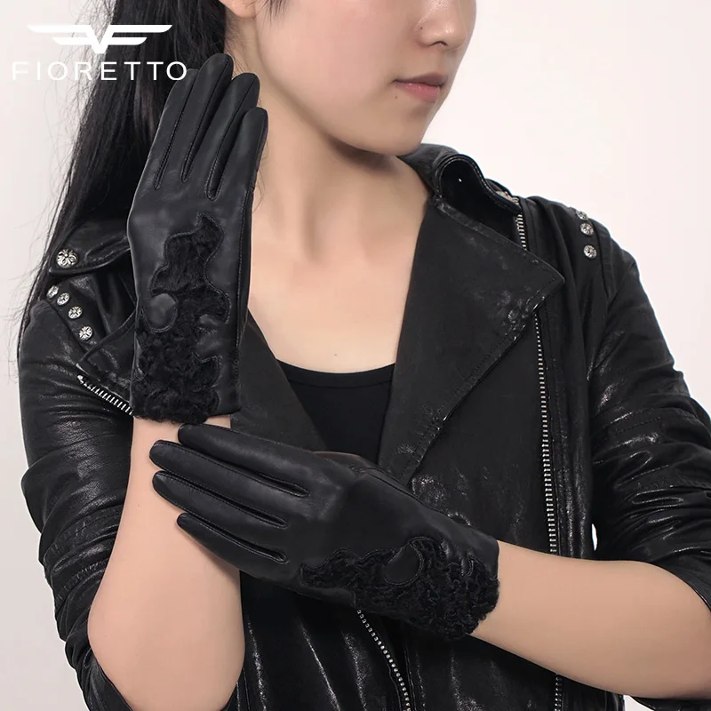 

FIORETTO Touchscreen Leather Gloves for Women Fleece Lined Winter Driving Gloves Fashion Embroidered Fur WarmLadies Mittens