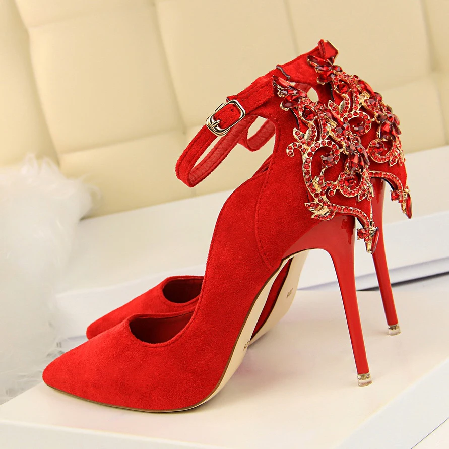 

Luxury Brand Crystal High Heels Women Pumps Rhinestone Ankle Strap Shoes Women Pointy Toe Suede High Heels Party Shoes Woman