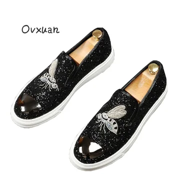 

Mens Casual Shoes Handmade Luxury Brand Sequined Cloth Men Flats Party Wedding Dress Shoes Embroidered Bee Metal Toe Men Loafers