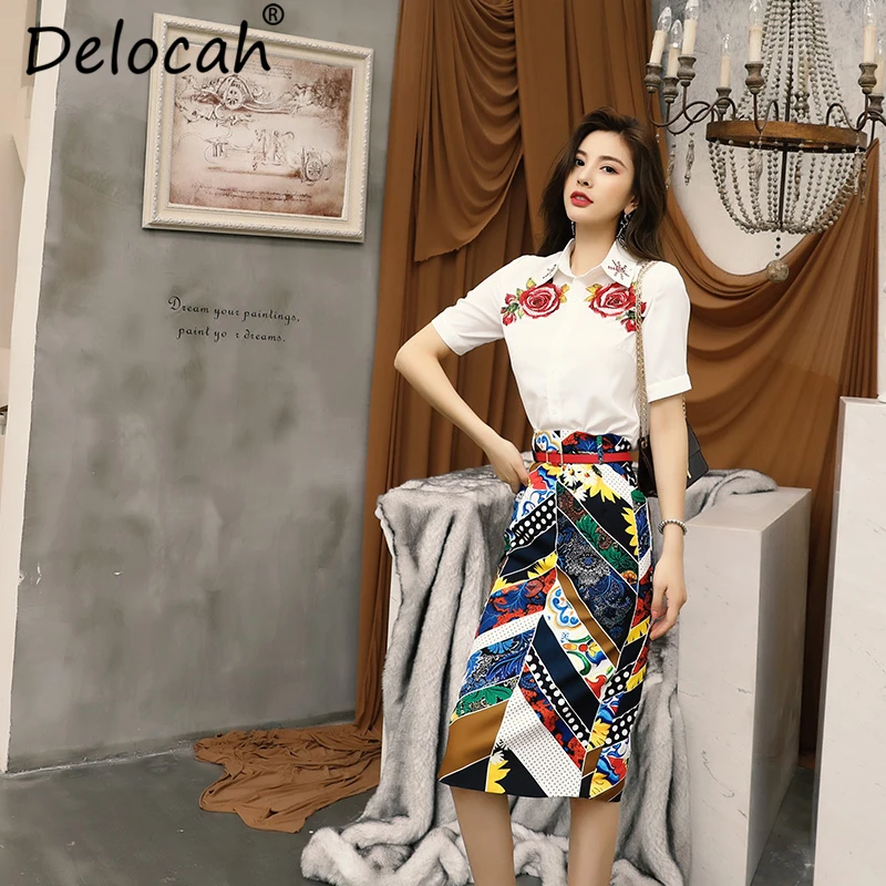 Delocah Nieuwe Vrouwen Zomer Pakken Runway Fashion Korte Mouwen Kralen Tops Blouse En Vintage Gedrukt Midi Rok Twee Stukken Set Delocah Nieuwe Vrouwen Zomer Pakken Runway Fashion Korte Mouwen Kralen Tops Blouse En Vintage Gedrukt Midi Rok Twee Stukken Set