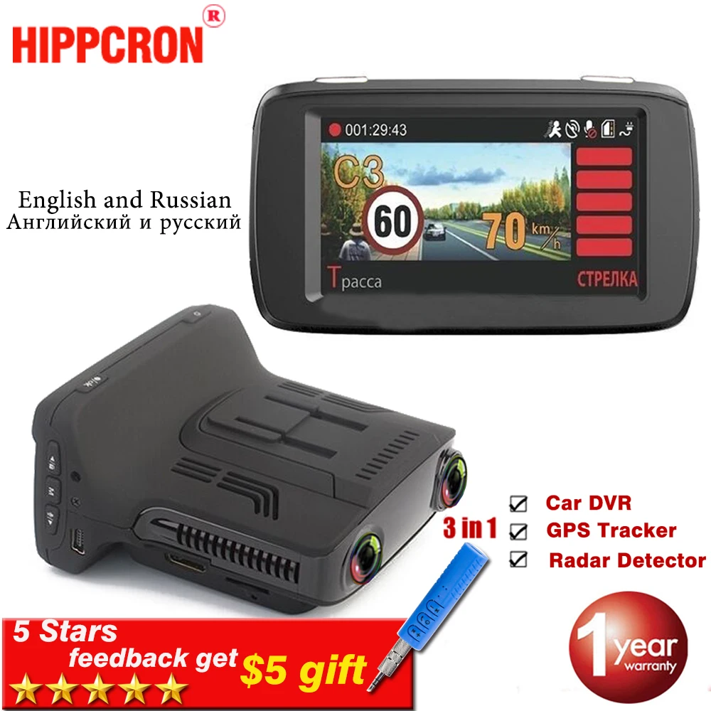 

Hippcron Car DVR Radar Detector GPS 3 in 1 Russian and English Support With A7LA50D HD 1296P 170 Degree Wide Angle View
