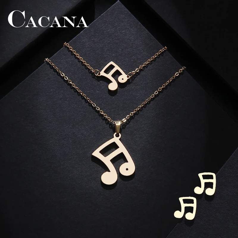 CACANA Stainless Steel Sets For Women Musical Notes Shape Necklace Bracelets Earrings For Women Lover's Engagement Jewelry S547