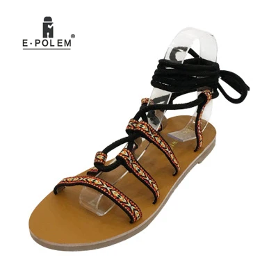 

Summer Women's Fashion Rome Sandals Cross-tied Flock Shoes Flat Printed Female Casual Shoes Outdoors Traval