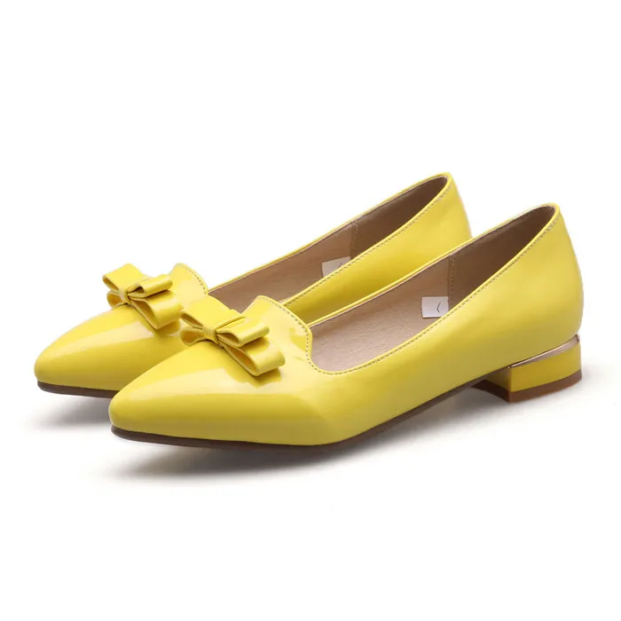 Meotina/женские туфли на плоской подошве; туфли из лакированной кожи с острым носком и бантом; сезон весна; желтые балетки на плоской подошве; женские туфли; цвет черный, красный, белый; размеры 9, 10 - Цвет: Цвет: желтый