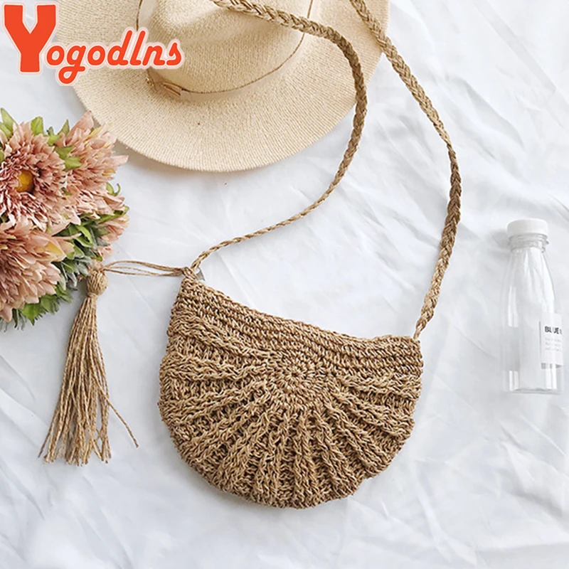 Yogodlns New Half Round Straw Bags for Women Summer Beach Rattan Bag Handmade Woven Half Moon Crossbody Handbags Bohemia