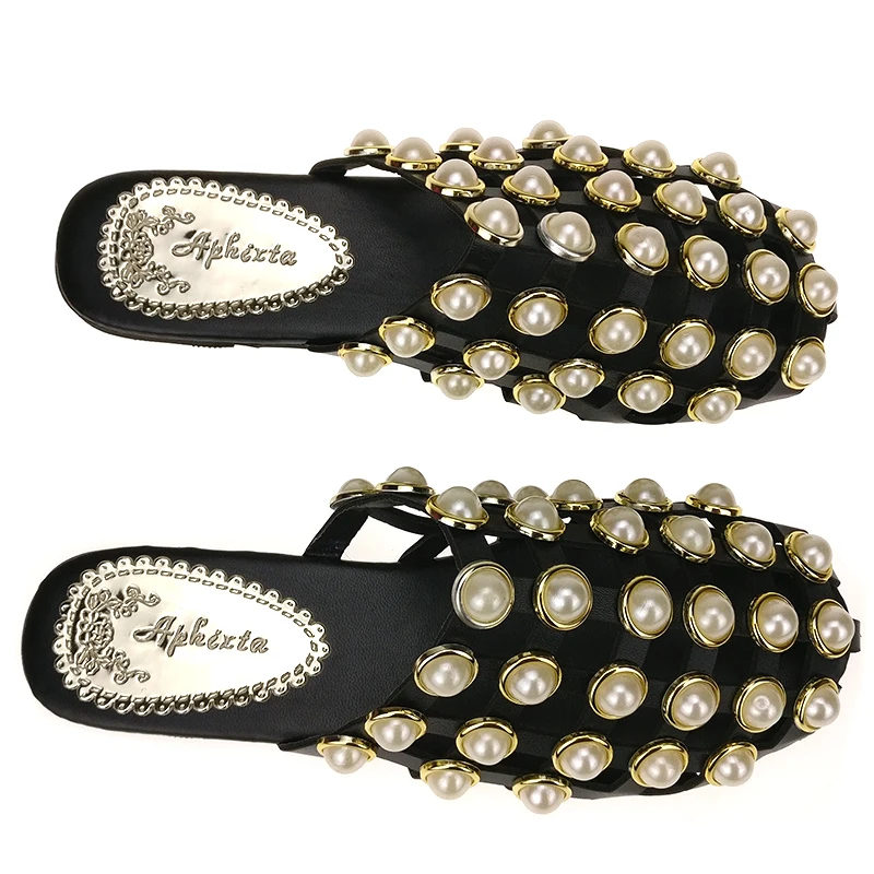 Aphixta Для женщин плоская подошва тапочки, с жемчужинами, на резиновой подошве; женская обувь для ношения на улице, модные острый носок черный клетчатый шлёпанцы для женщин