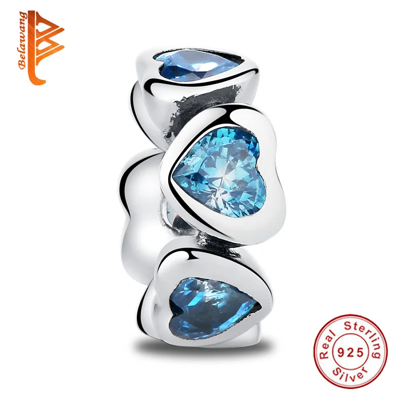 

BELAWANG European 925 Sterling Silver Blue Crystal Heart Spacer Charm Fit Original Bracelet Necklace Authentic Jewelry