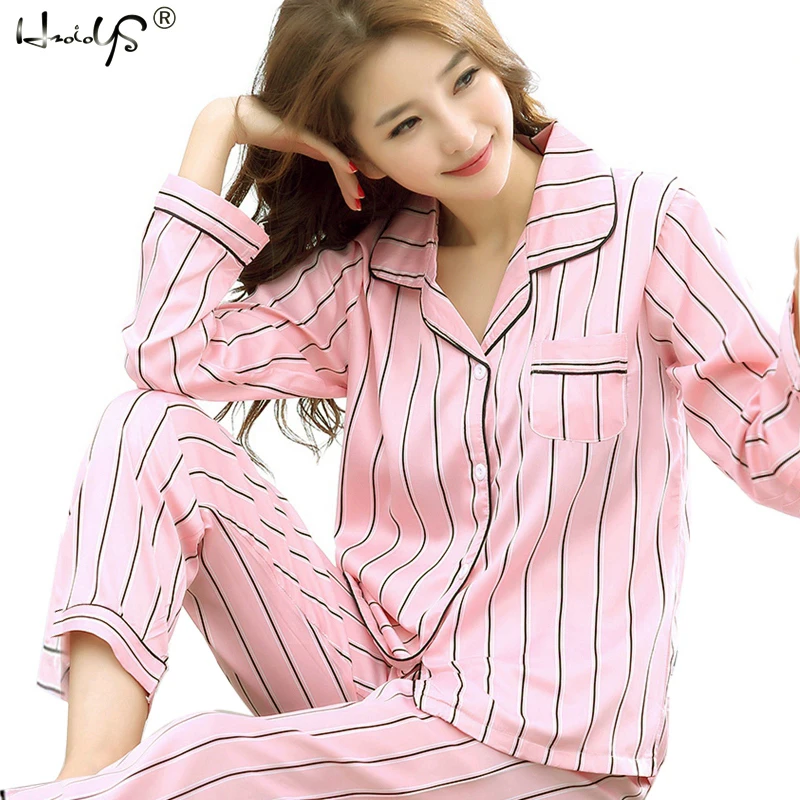 

Women Autumn Pajama Sets Long Sleeve Shirt+Pants 2 Piece Set Striped Print Sleepwear Casual Home suit Silk Satin Lady Pajama Set