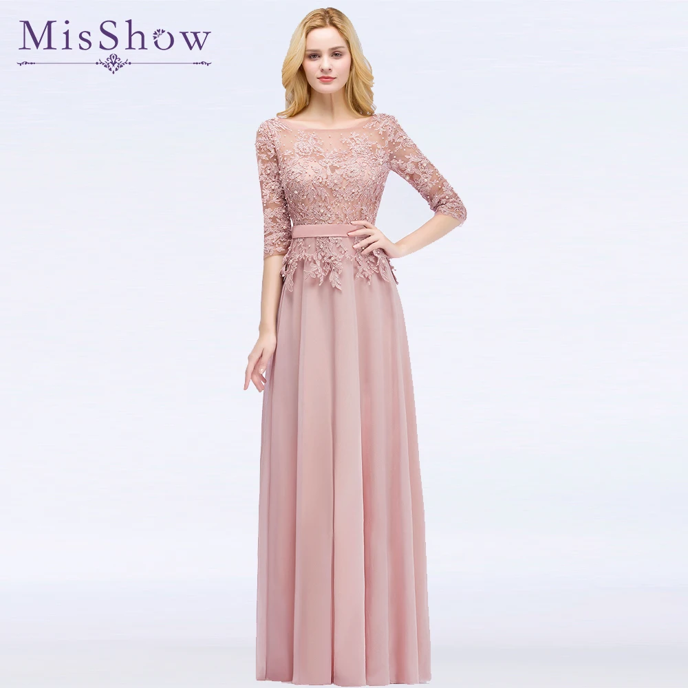 

2019 Elegant Prom Dresses with sleeves Navy Blue A Line Party Dresses Vestido De Festa Beading pink Long prom dress Formal Gowns