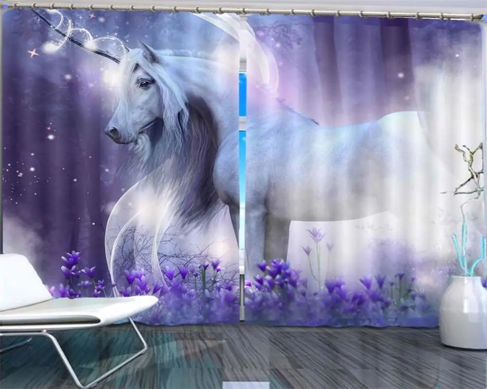 

Dream white unicorn 3D Curtains For Bedroom Kids Living Room Drapes Fabric Polyester Set with Hooks