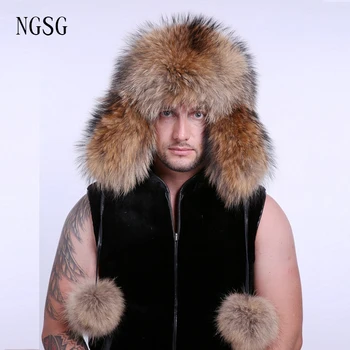 

Real Fur Hat Men Winter Bomber Cold -Proof Accessories Racoon Personality Warm Perfect Eyes Male ' s Favorite Type EA4050-3