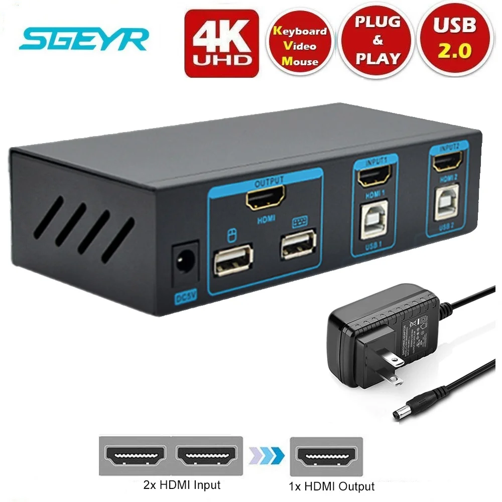 4 к 2 порта HDMI USB KVM переключатель 2 в 1 из USB KVM переключатель SGEYR HDMI 1,4 переключатель 3840x2160 @ 30 Гц 1080 P для двух мониторов дисплеев